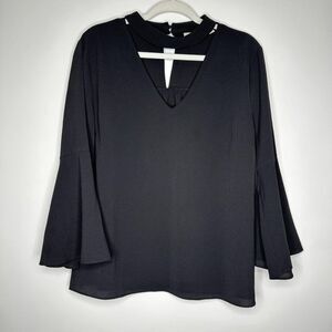 Eva‎ Mendes NY&Company Bell Sleeves Black Blouse keyhole 85% Nylon 15% Spandex